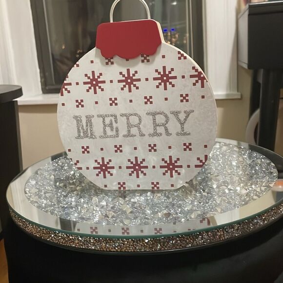 Eccolo wooden red white glitter merry Christmas Xmas ornament ho holiday decor - Picture 8 of 12